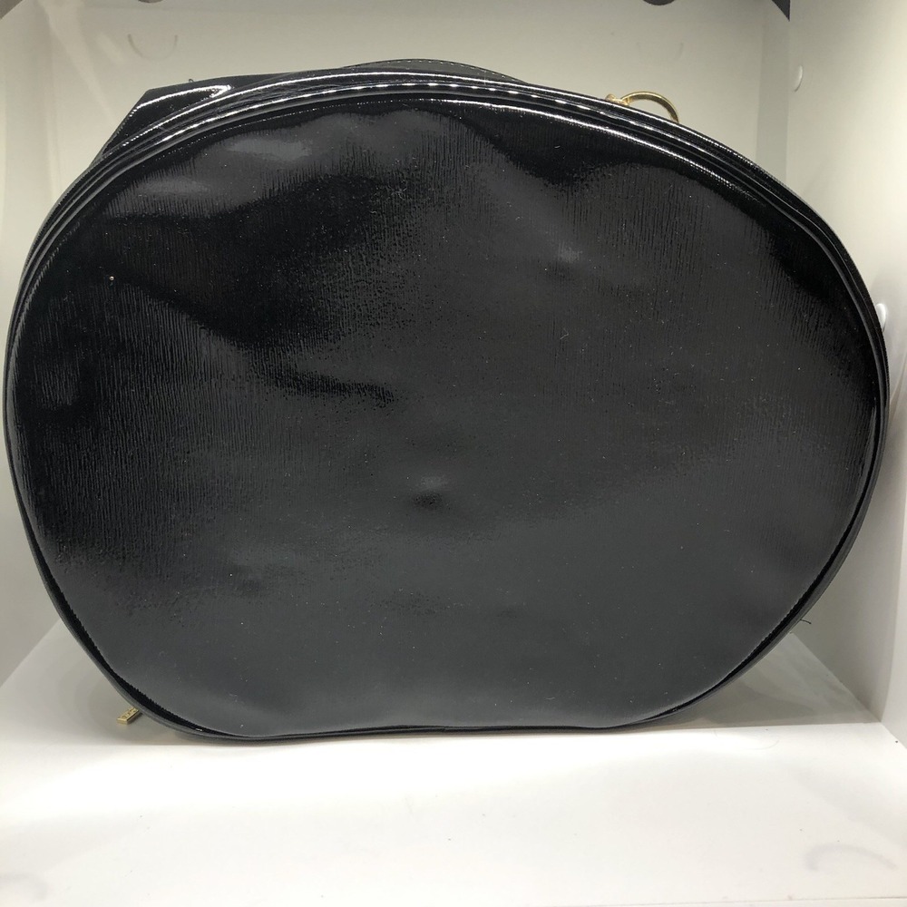 Lancome Large Shiny Black Oval Train Case Cosmetic Bag Gold Zipper Tassel Handle - Picture 4 of 12